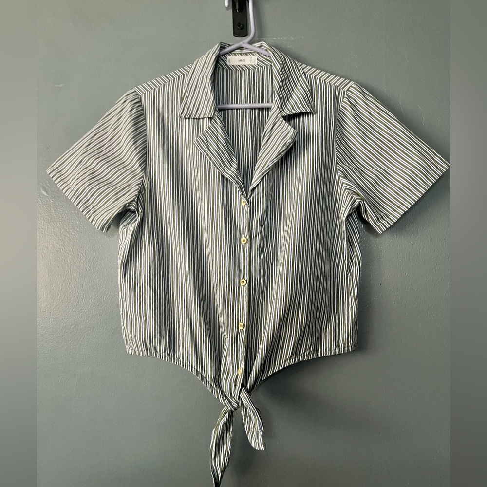 Mango Green, Blue and White Striped Tie Shirt Sz 8